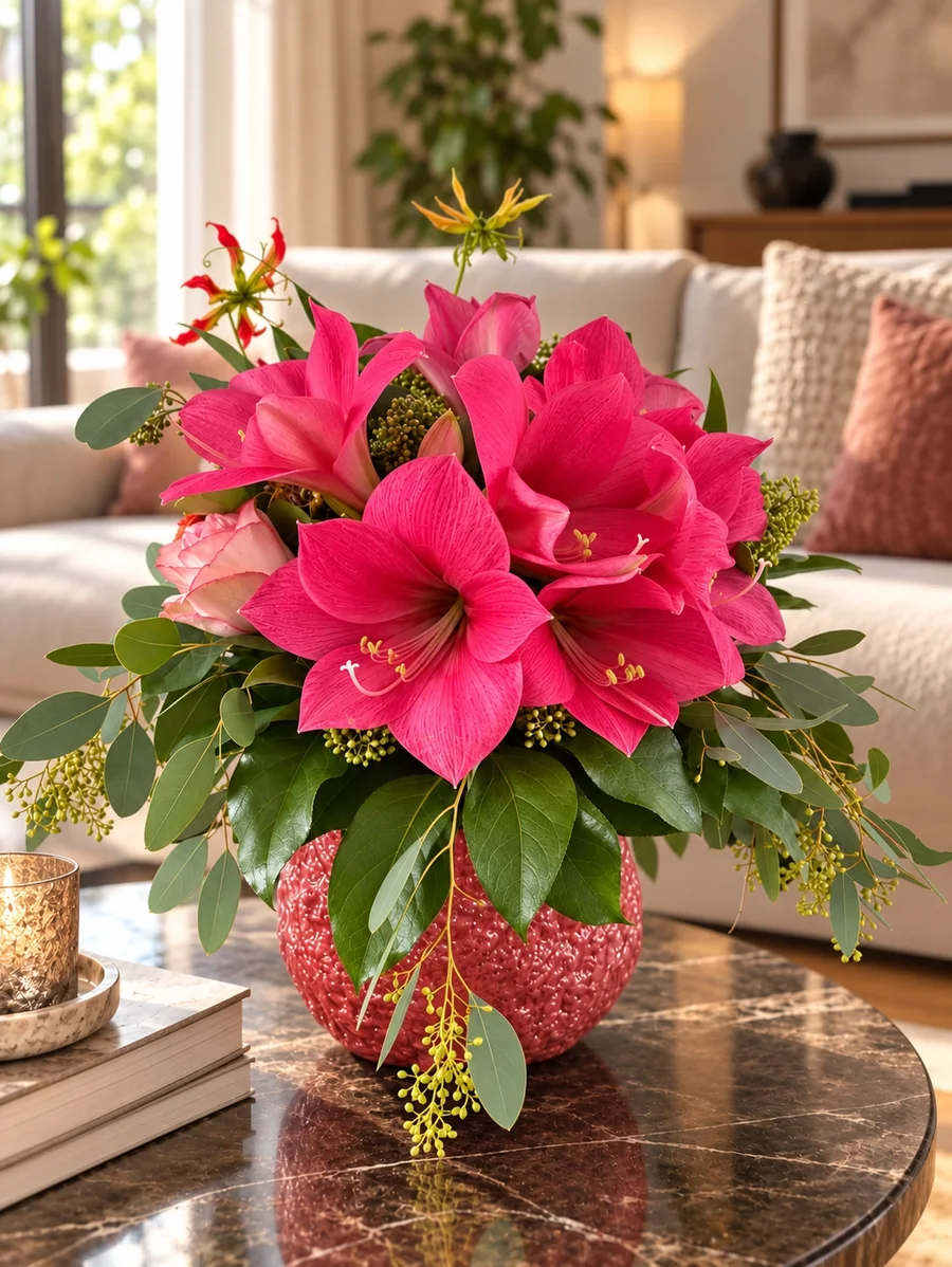 Pink amaryllis bouquet with buds in a red vase — Pretty in Pink cut flower by Park Amaryllis